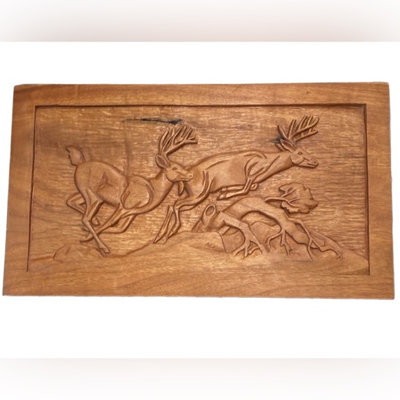 Hunter Animal Carving Wood Running Deer Wood Plaque 17” Wood Wall Art Plaque - Picture 1 of 12
